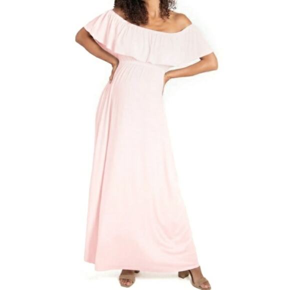 INGRID & ISABEL boho maternity ruffle off the shoulder pink maxi dress Sz S NEW - Picture 2 of 9